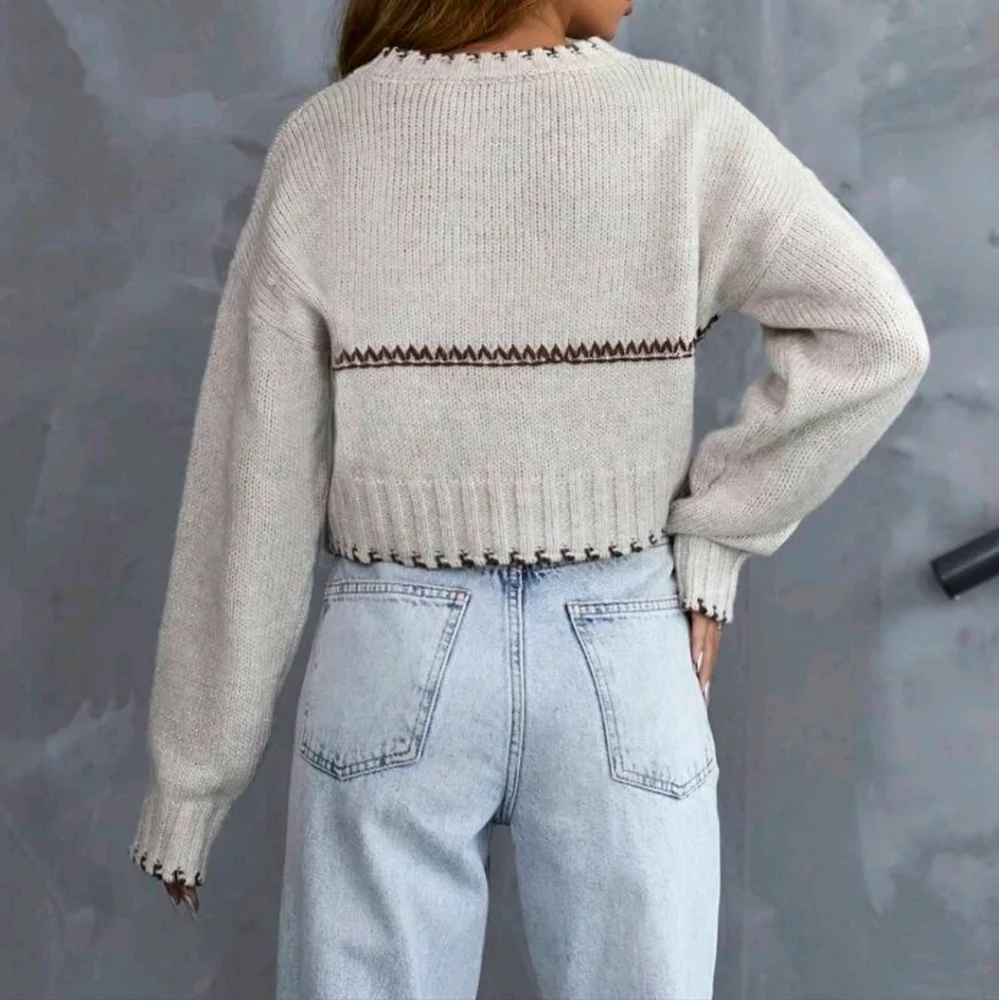 Women Contrast Trim Premium Quality Brushed Yarn Cozy And Warm Sweater - Picture 2 of 4